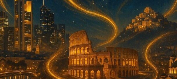 Surreale Nachtlandschaft mit dem Kolosseum im Vordergrund, modernen Wolkenkratzern links und einer historischen Stadt auf einem Hügel rechts; goldene, leuchtende Lichtspuren verbinden die Bauwerke über einem ruhigen Gewässer unter einem sternklaren Himmel.