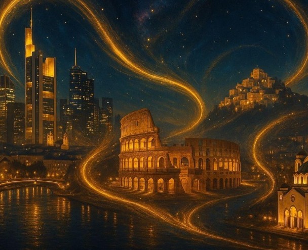 Surreale Nachtlandschaft mit dem Kolosseum im Vordergrund, modernen Wolkenkratzern links und einer historischen Stadt auf einem Hügel rechts; goldene, leuchtende Lichtspuren verbinden die Bauwerke über einem ruhigen Gewässer unter einem sternklaren Himmel.