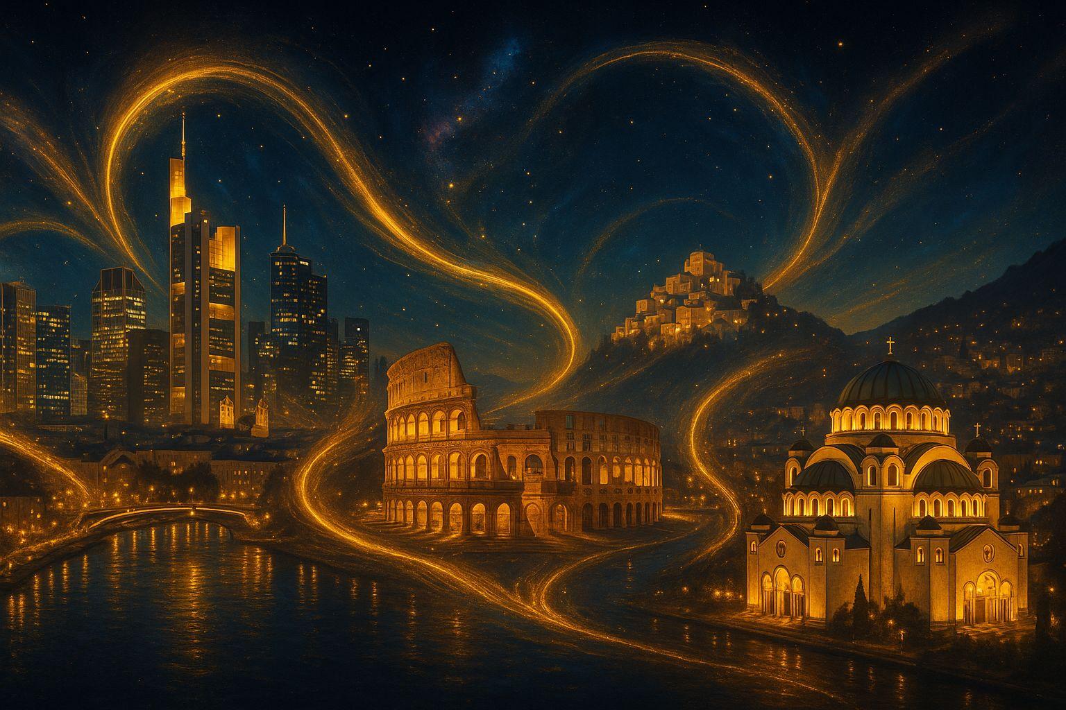 Surreale Nachtlandschaft mit dem Kolosseum im Vordergrund, modernen Wolkenkratzern links und einer historischen Stadt auf einem Hügel rechts; goldene, leuchtende Lichtspuren verbinden die Bauwerke über einem ruhigen Gewässer unter einem sternklaren Himmel.